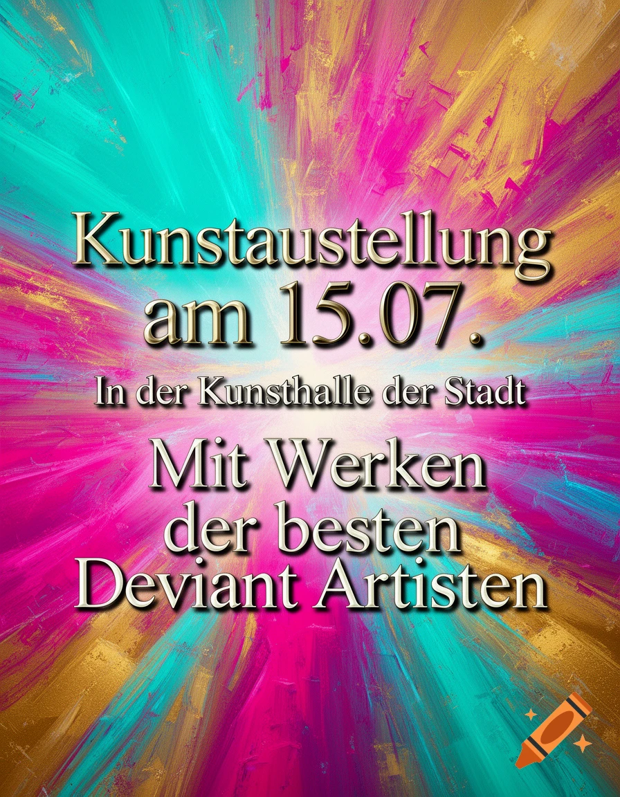 A vibrant abstract poster for an art exhibition on July 15th, featuring golden German text against a colorful burst background.