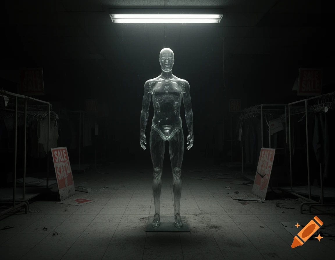 A translucent glass mannequin stands in the center of a dark, abandoned department store with 'SALE' signs.