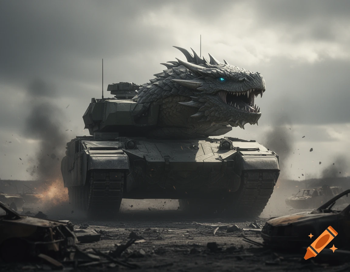 A large, grey tank with a fierce dragon's head and glowing blue eyes as its turret moves through a desolate, smoky battlefield.