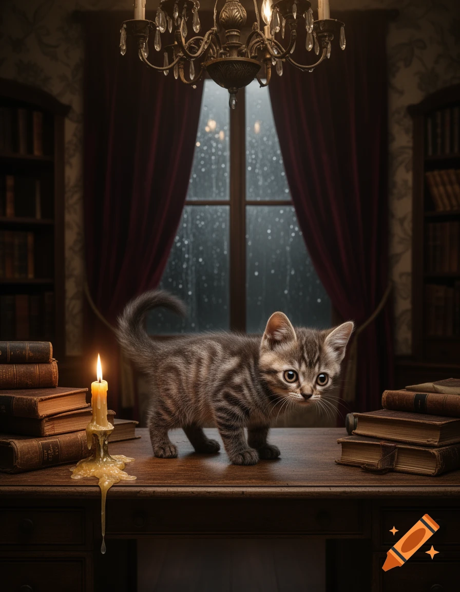A cute tabby kitten stands on a dark wooden desk next to old books and a lit candle in a dark academia room with a rainy window.