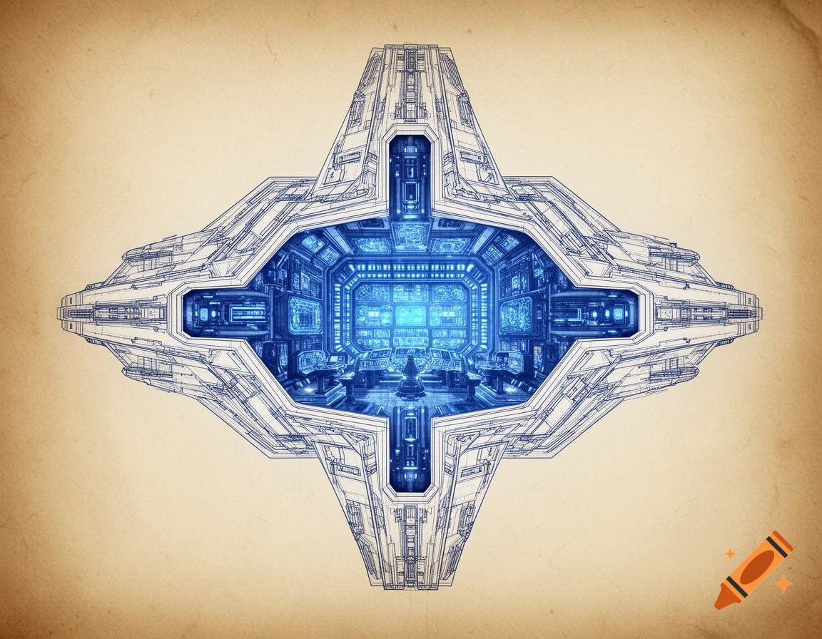 Blueprint-style drawing of a futuristic spaceship with a glowing blue central command room, on an aged paper background.