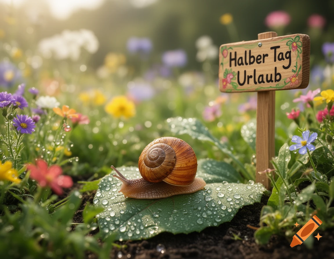 A photorealistic close-up of a snail on a dew-covered leaf among colorful wildflowers, with a sign reading 'Halber Tag Urlaub'.