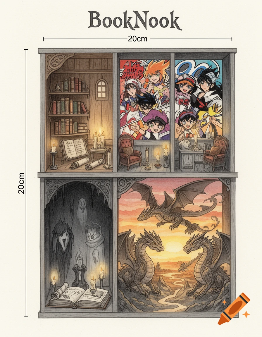 A stylized BookNook illustration featuring four themed rooms: a cozy library, an anime scene with characters, a spooky supernatural room with ghosts, and a vibrant dragon landscape.