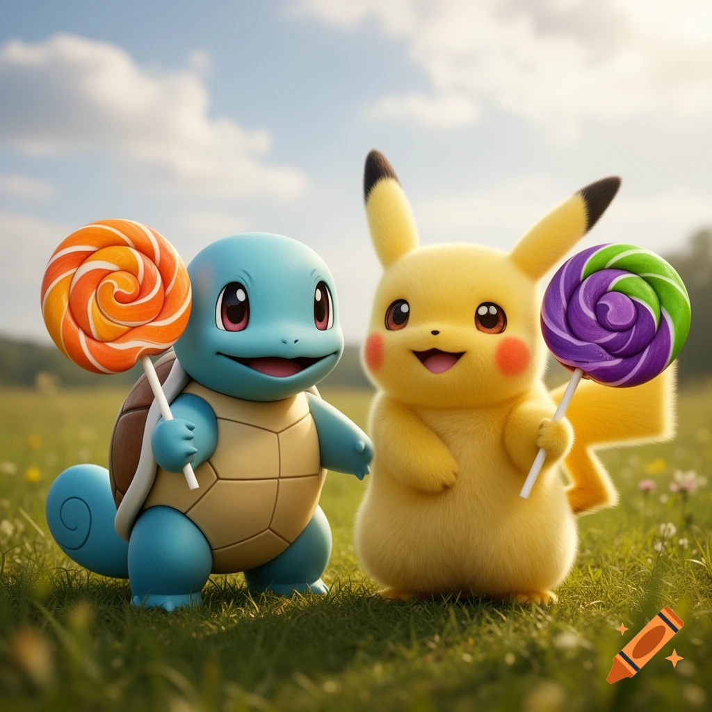 Pikachu and Squirtle, cartoon characters, holding colorful lollipops in a sunny grassy field.