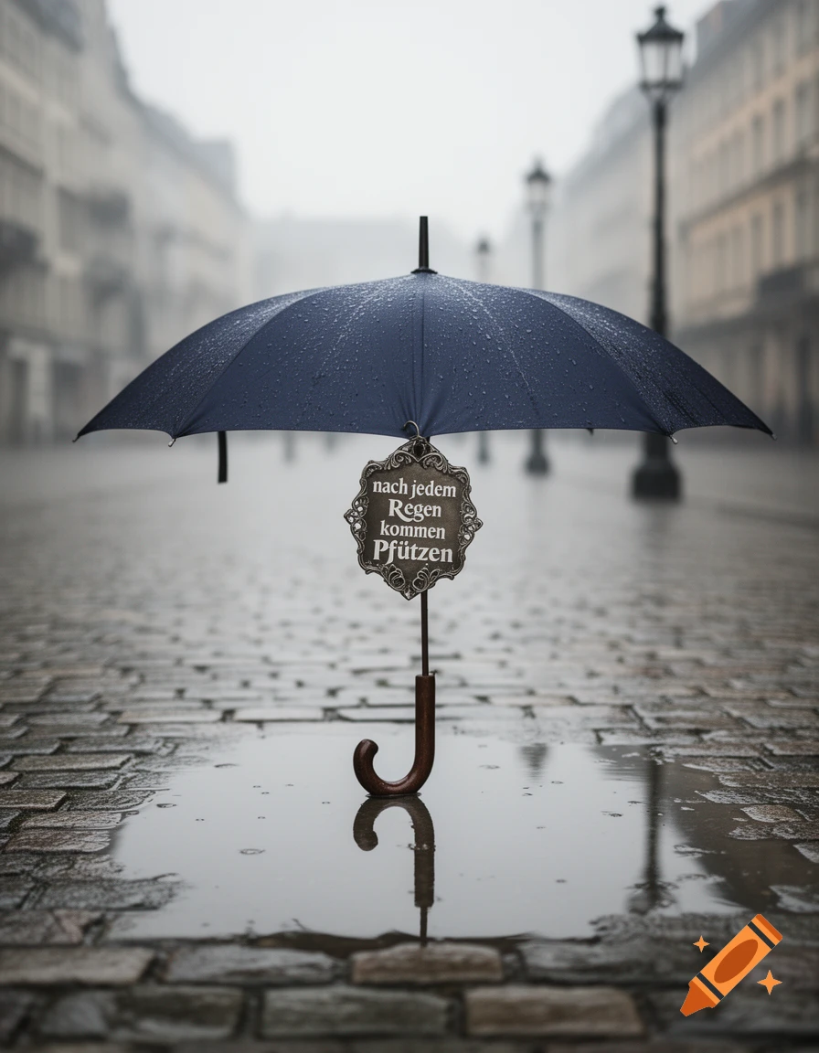 A blue umbrella stands upright in a cobblestone street, reflected in a puddle on a rainy day, with a sign reading 'nach jedem Regen kommen Pfützen'.
