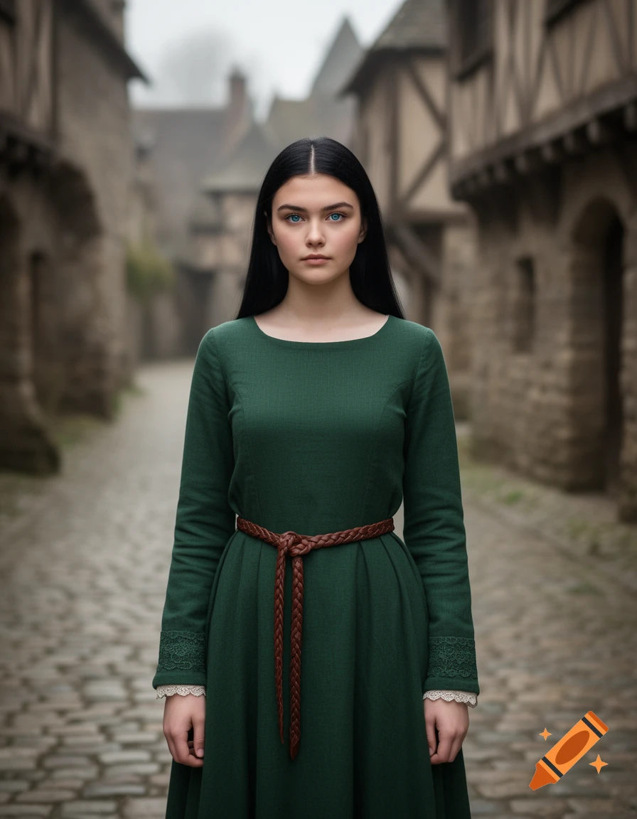 A photorealistic portrait of a young woman with black hair and blue eyes, wearing a green medieval dress and braided belt, standing on a cobblestone street in a medieval village.