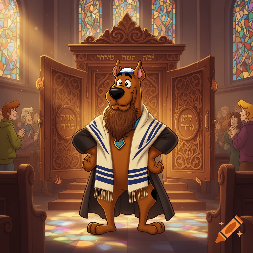 Cartoon Scooby Doo as a bearded rabbi wearing a tallit and yarmulke in a synagogue with stained glass windows.