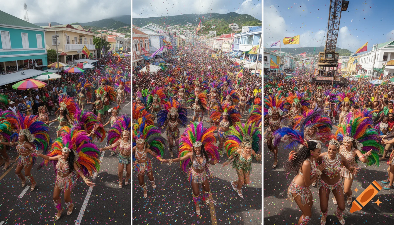 Ultra-realistic image of a vibrant Saint Lucia Carnival parade with women in elaborate feathered costumes dancing on a confetti-strewn street.