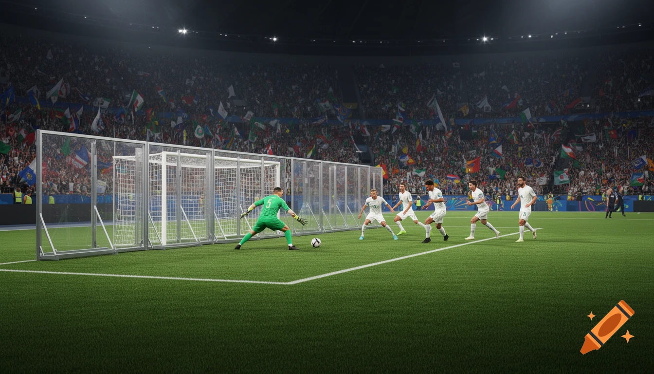 A photorealistic image of a soccer match in a large stadium, showing a goalkeeper and several players near a goal with protective barriers.