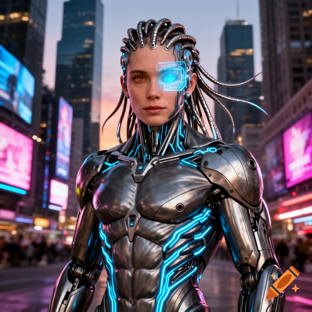 A female cyborg with metallic armor and glowing blue accents stands in a futuristic city with neon lights.
