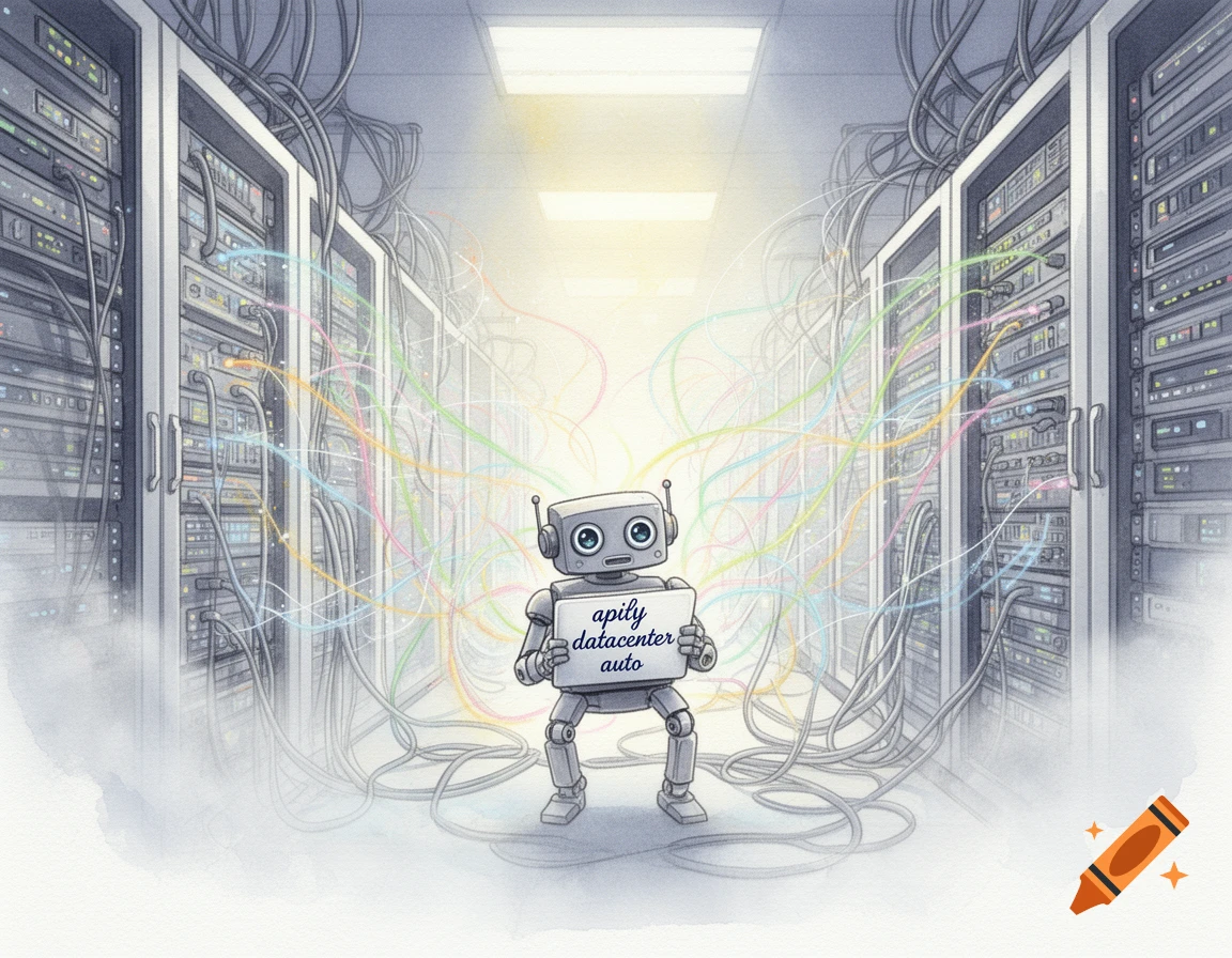 A cute watercolor robot holds a sign reading "apify datacenter auto" in a busy data center filled with colorful wires.