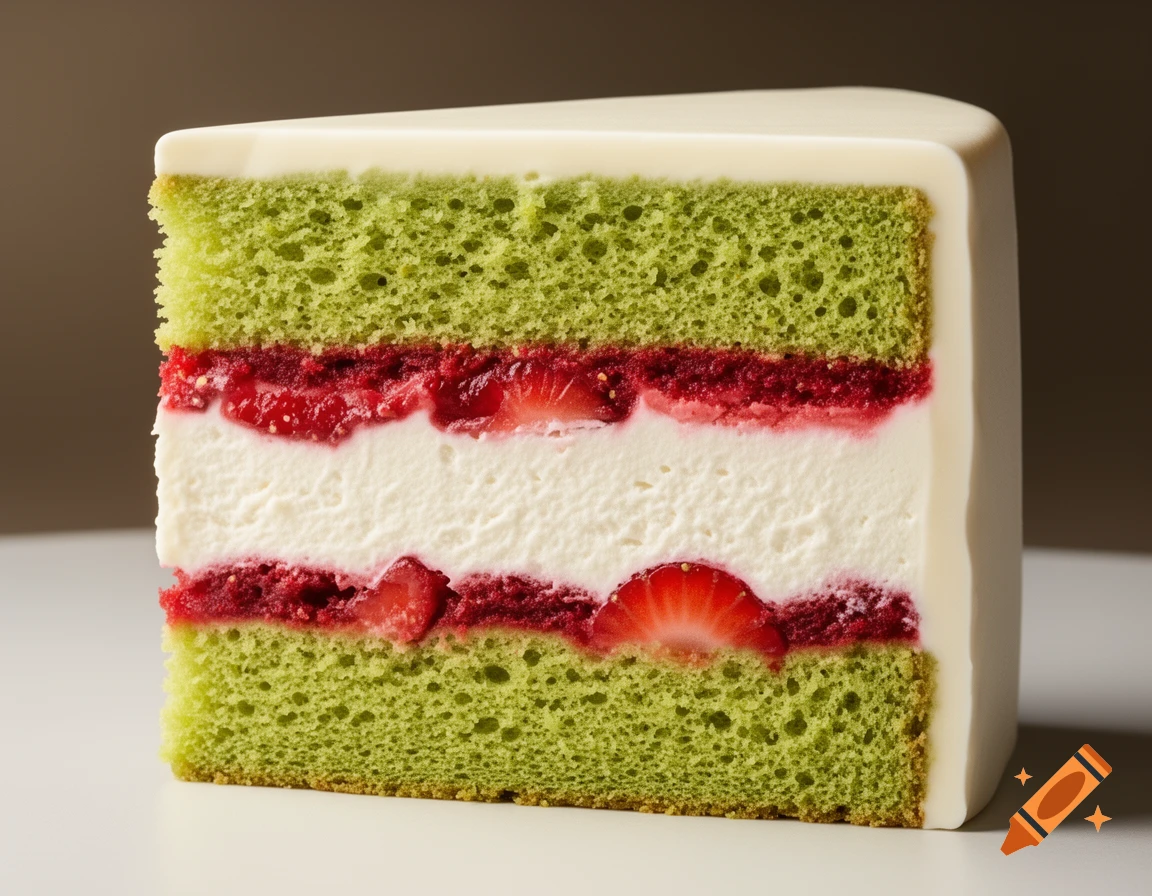 A cross-section of a cake slice with green pistachio sponge, red strawberry filling, and white buttercream, covered in white frosting.