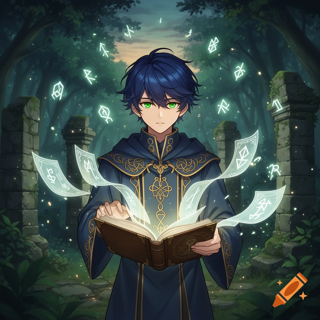 An anime mage apprentice with green eyes and blue hair reads a glowing spellbook in a mystical forest with floating runes.