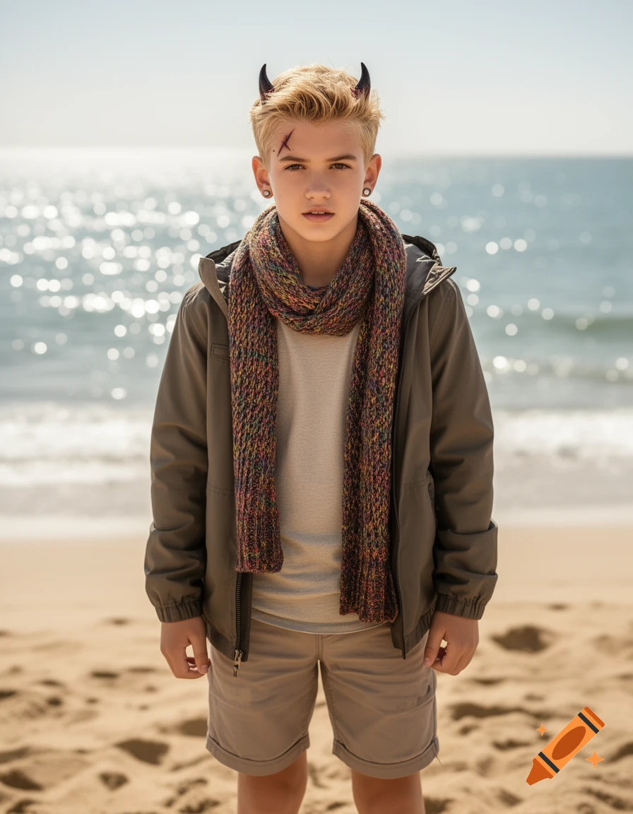 Photorealistic portrait of a blonde boy with black demon horns and a scar, wearing a jacket, shorts, and scarf on a sandy beach.