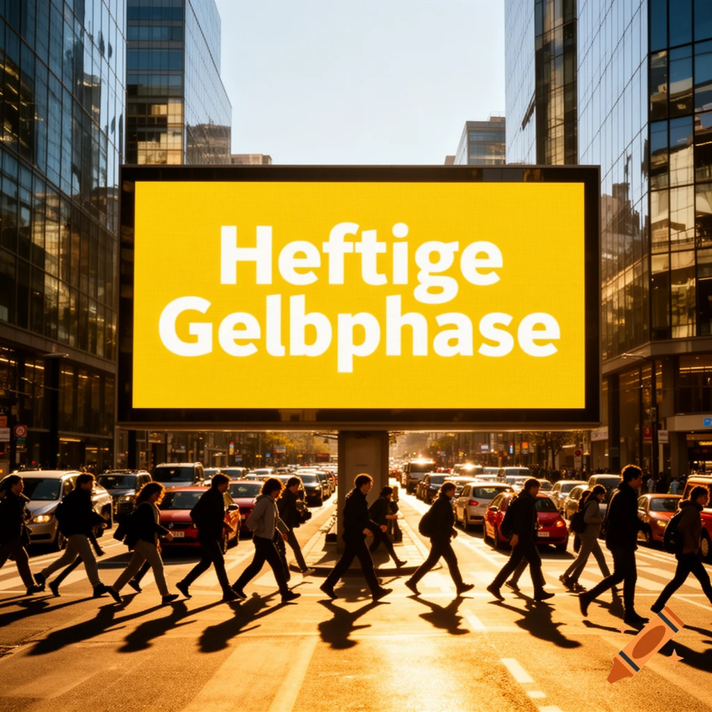 A large yellow billboard displaying 'Heftige Gelbphase' overlooks a busy city street with pedestrians crossing at sunset.