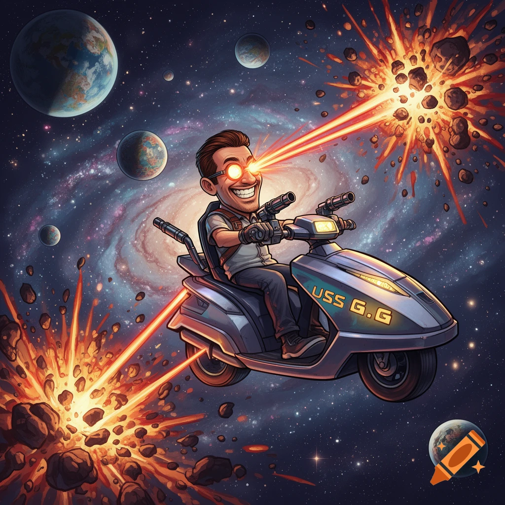 A grinning cartoon man on a hover scooter shoots laser beams from his eyes and scooter guns at exploding asteroids in a vibrant galaxy.