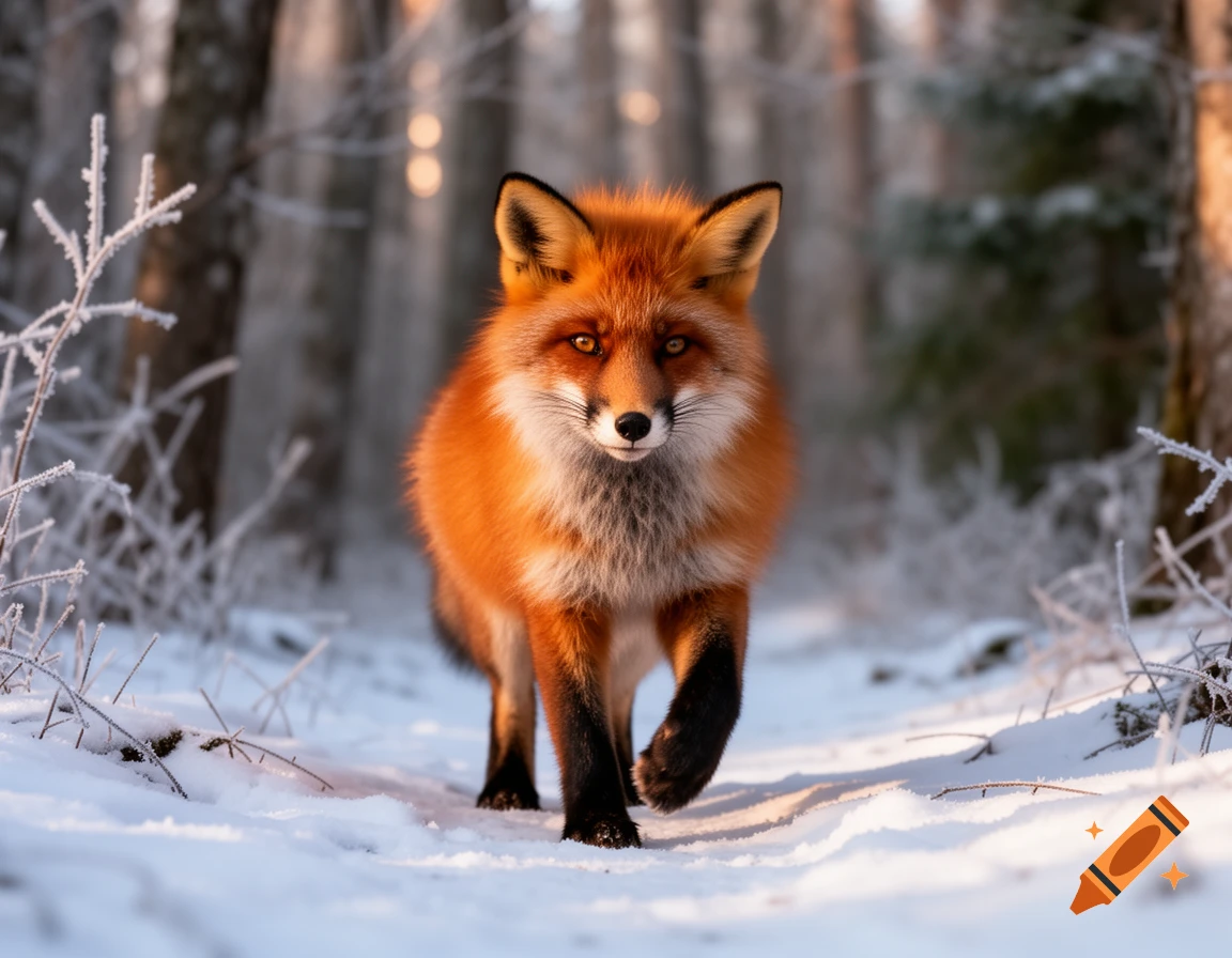 A red fox with black legs walks through a snow-covered forest, bathed in golden light.