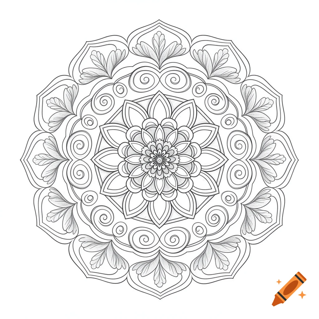 Intricate black and white line art mandala for a coloring book page, featuring floral and scrollwork patterns.
