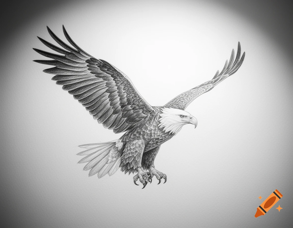 Detailed pencil drawing of an eagle with outstretched wings mid-flight against a plain white background.