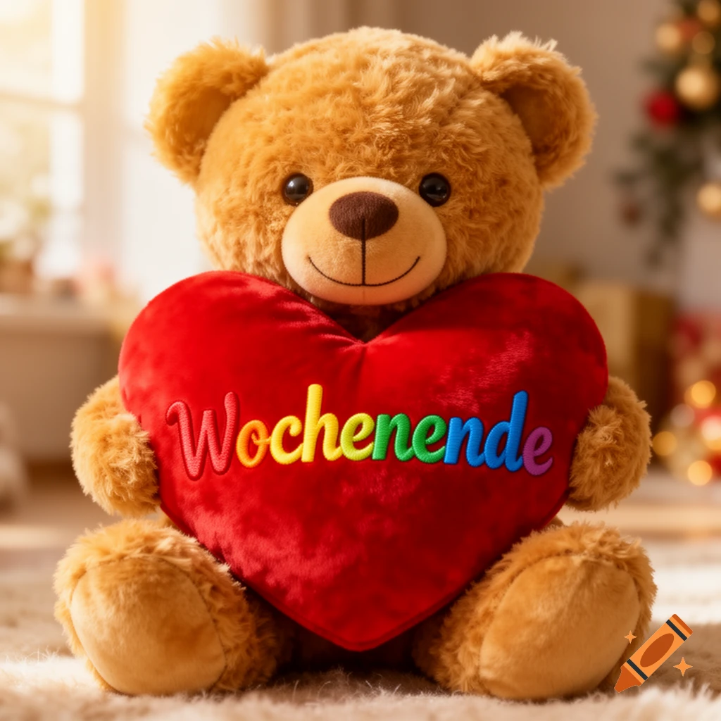 A fluffy brown teddy bear sits on a rug, holding a red heart pillow with the rainbow-colored word "Wochenende" (Weekend) written on it. The background is softly blurred with warm light.