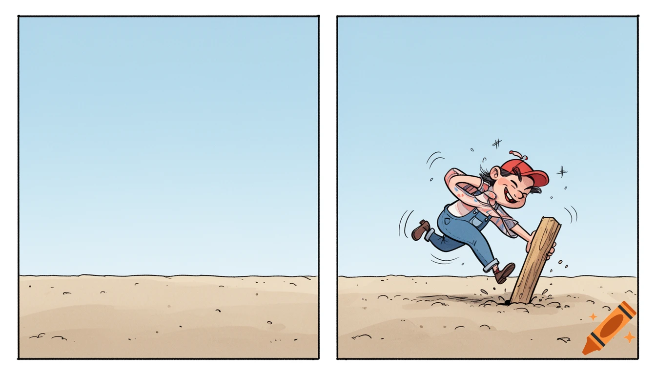 A two-panel cartoon shows an empty field, then a smiling person in overalls and a red cap planting a wooden post in the ground.