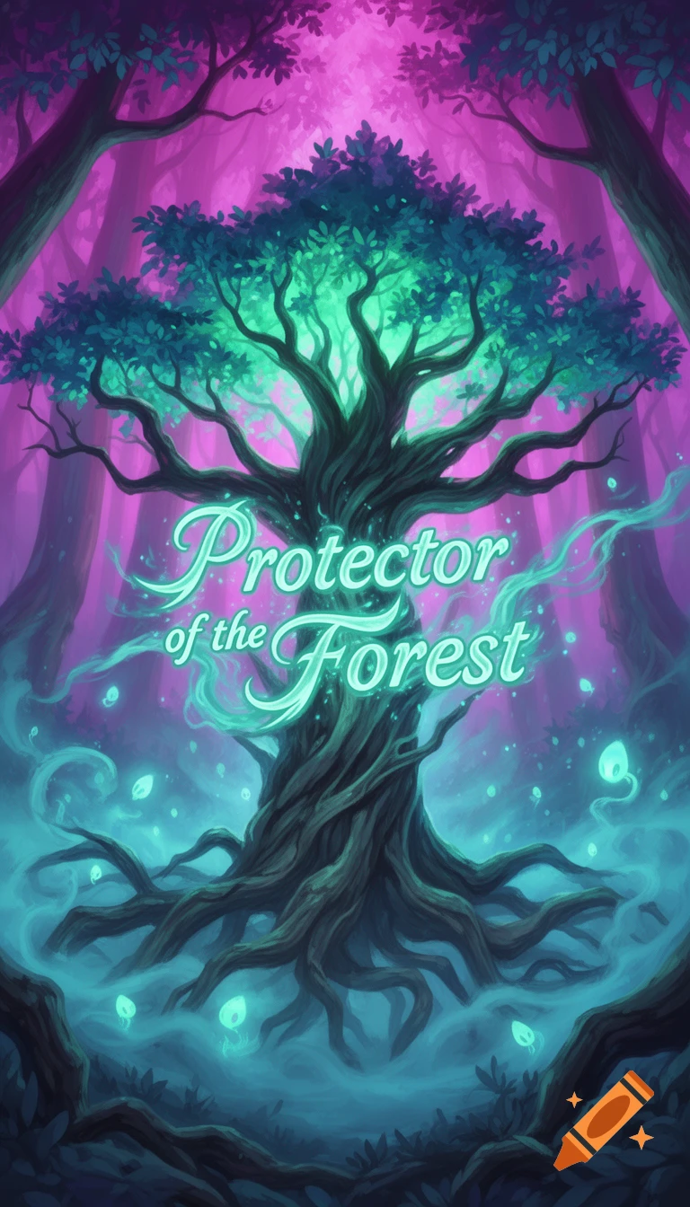 A vibrant fantasy illustration of a large, gnarled tree with glowing teal and purple foliage, surrounded by magical mist and particles. The text "Protector of the Forest" glows brightly in the center, set against a background of a mystical forest with pink and purple trees.