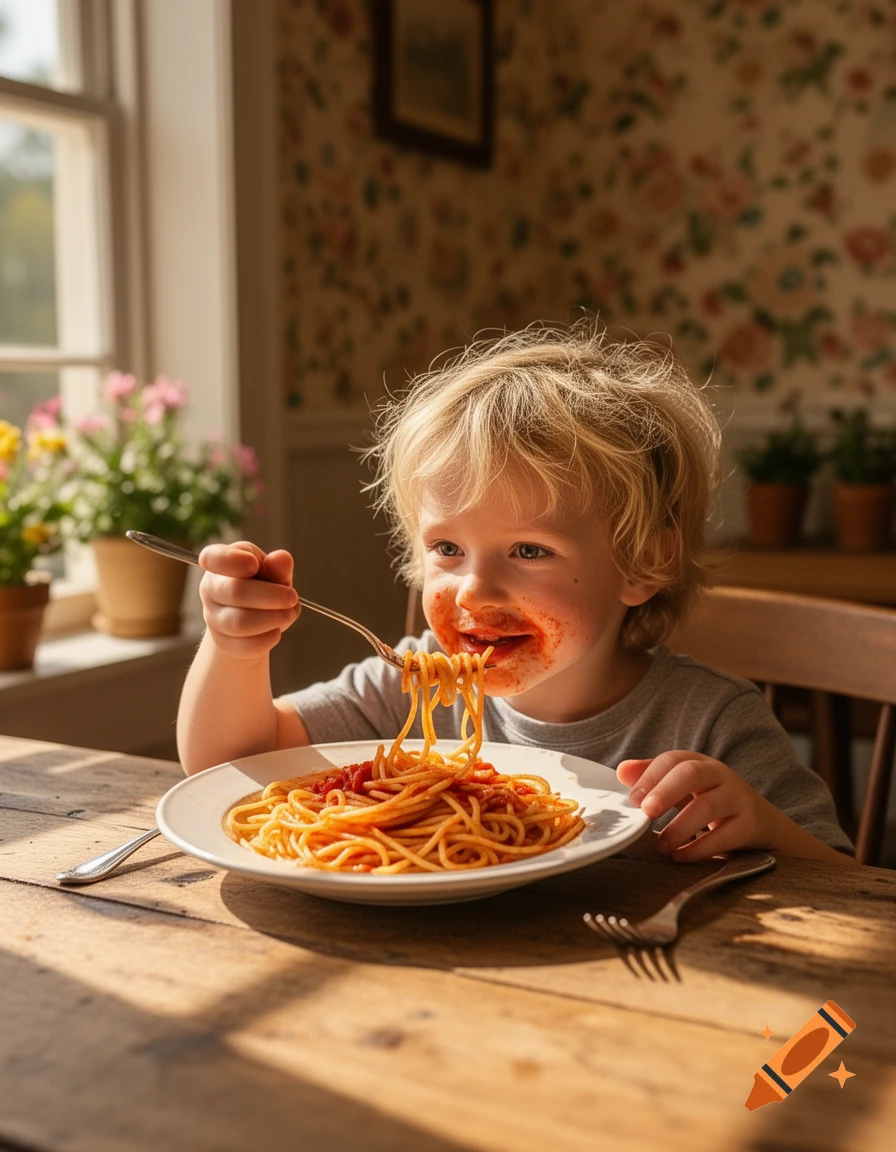 Young child with messy hair eats spaghetti with a fork, face covered in sauce, at a wooden table in a sunlit room, photorealistic.