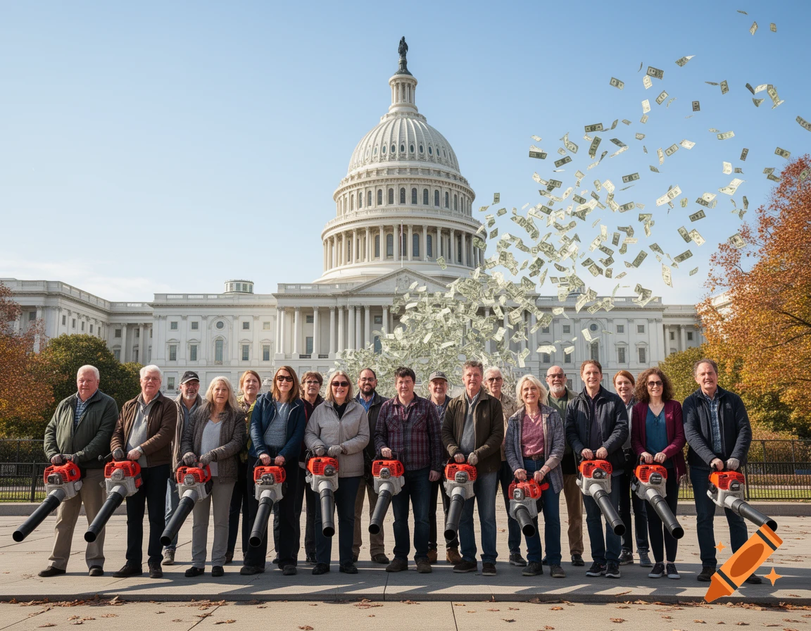 Photorealistic image of a diverse group of Americans holding leaf blowers, blowing money away from the U.S. Capitol building.