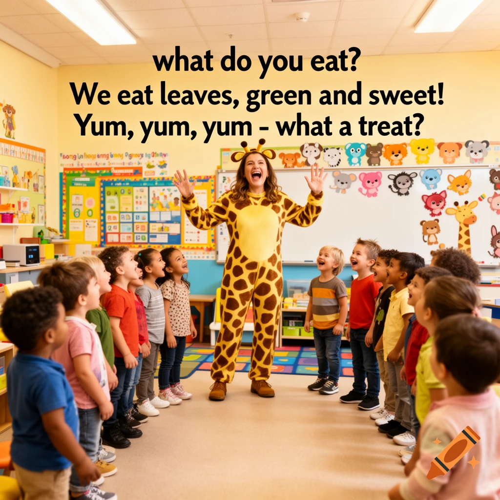 A teacher in a giraffe costume leads a group of smiling preschoolers in a classroom activity, with overlaid text in the image.
