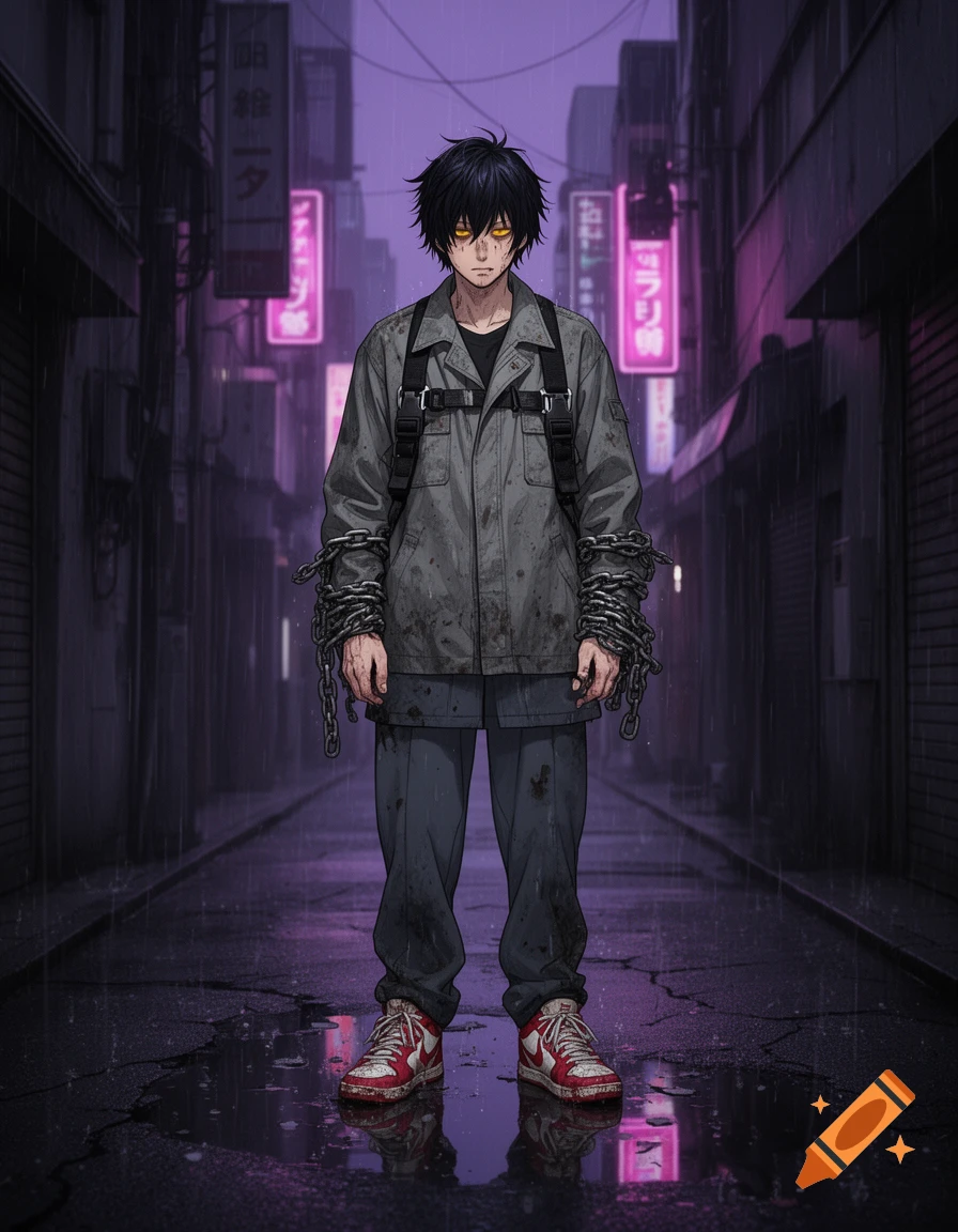 Anime male character with chains on his arms stands in a wet, purple-lit Tokyo alleyway in the rain.