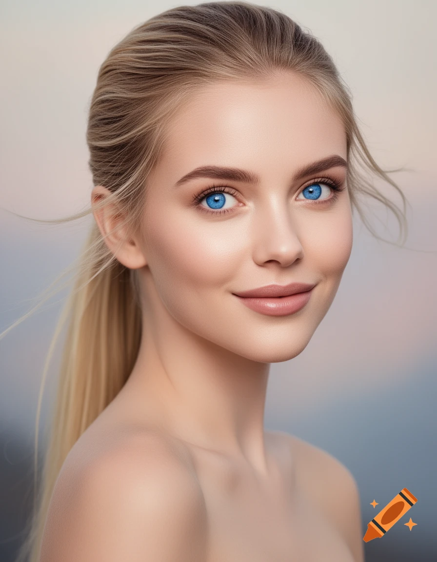 Close-up photorealistic portrait of a young blonde woman with blue eyes and full lips, hair in a ponytail, looking at the camera.