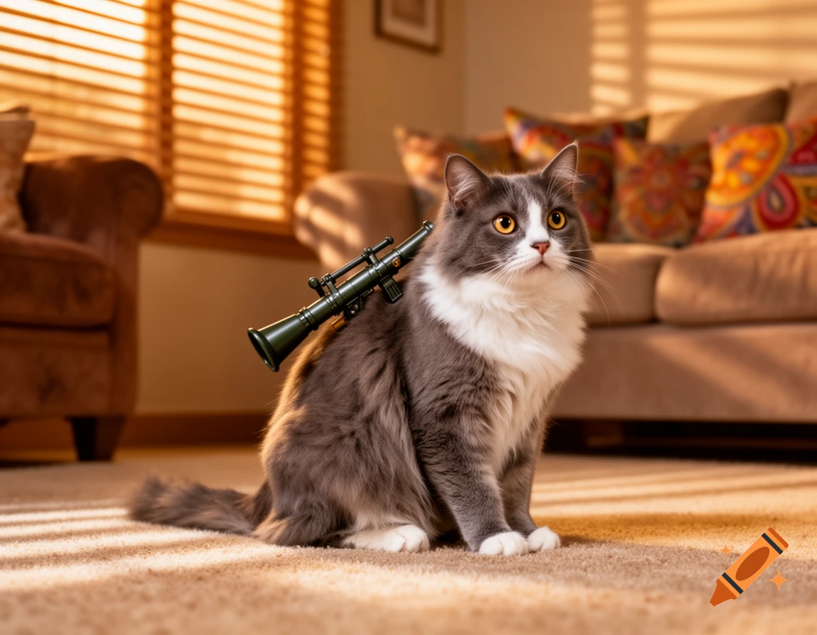 A photorealistic fluffy grey and white cat with a toy bazooka on its back, sitting on a carpet in a sunlit room.