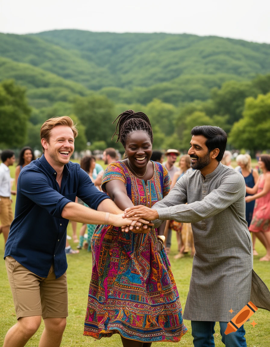 Three diverse friends, a man, a woman, and another man, laugh and stack hands in a sunny park with others in the background.