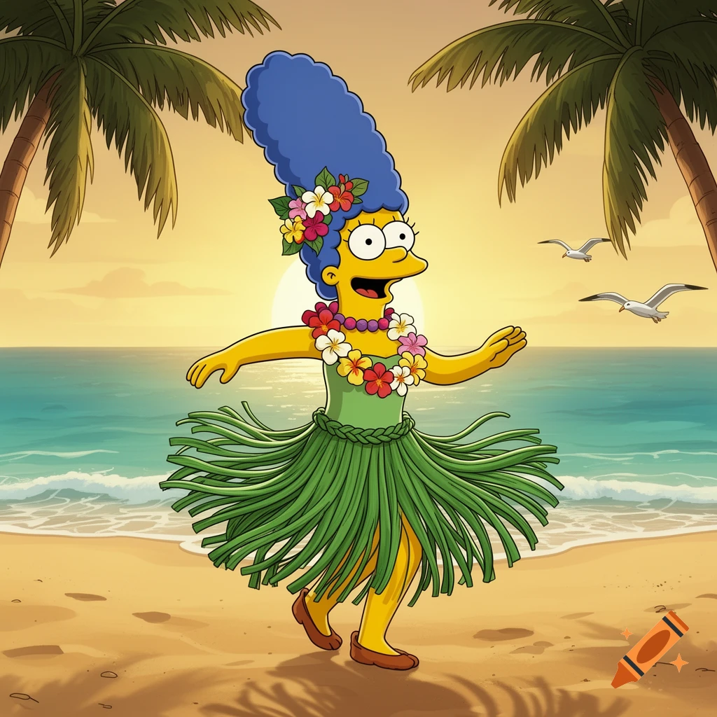 Marge Simpson dancing the hula on a sandy beach with palm trees and seagulls at sunset.