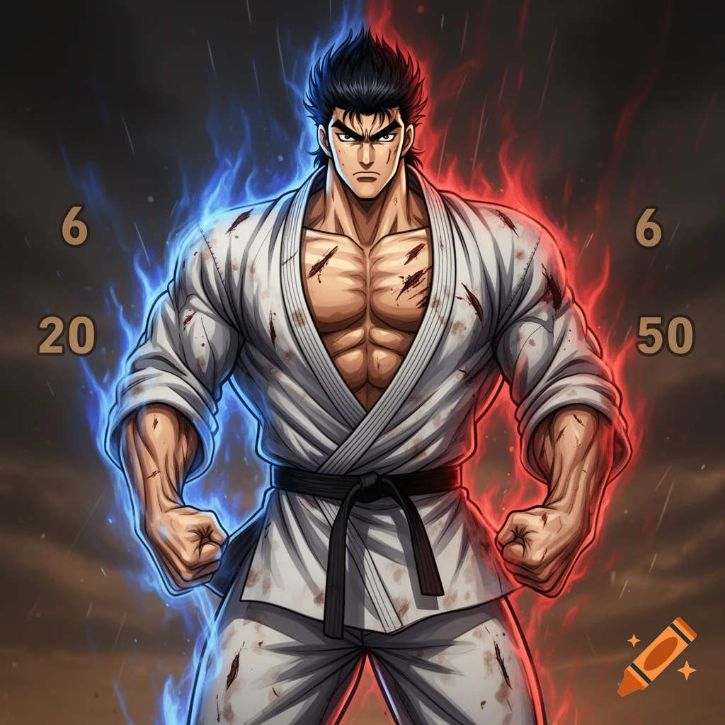 Muscular anime martial artist in white gi, black belt, with scratches, surrounded by blue and red energy, with numbers '6', '20', '50'.