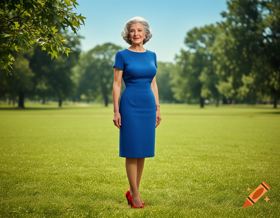 A photorealistic portrait of an elegant older woman with gray hair, wearing a blue dress and red heels, standing in a sunny park.