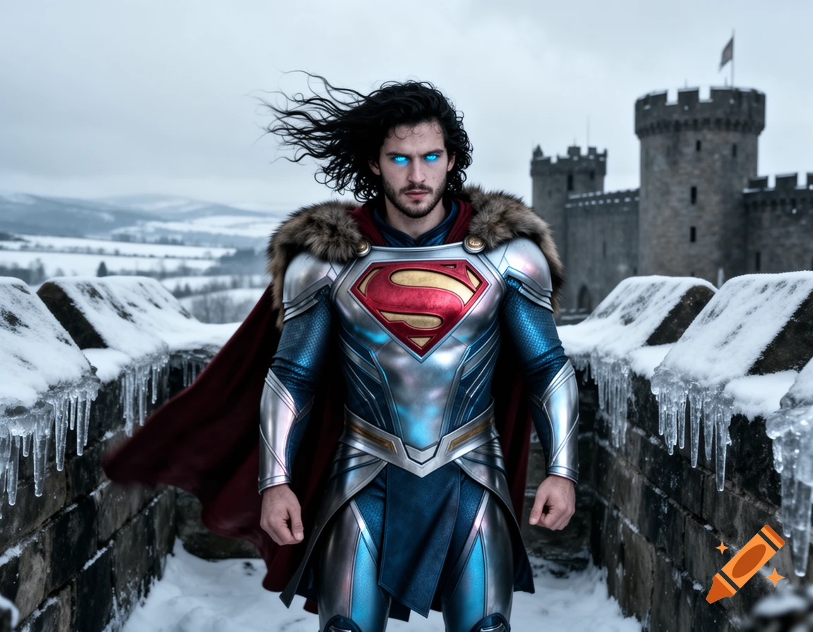 A man with dark hair and glowing blue eyes, wearing a silver and blue superhero suit with a red 'S' shield and a fur-lined cape, stands in a snowy medieval fortress.