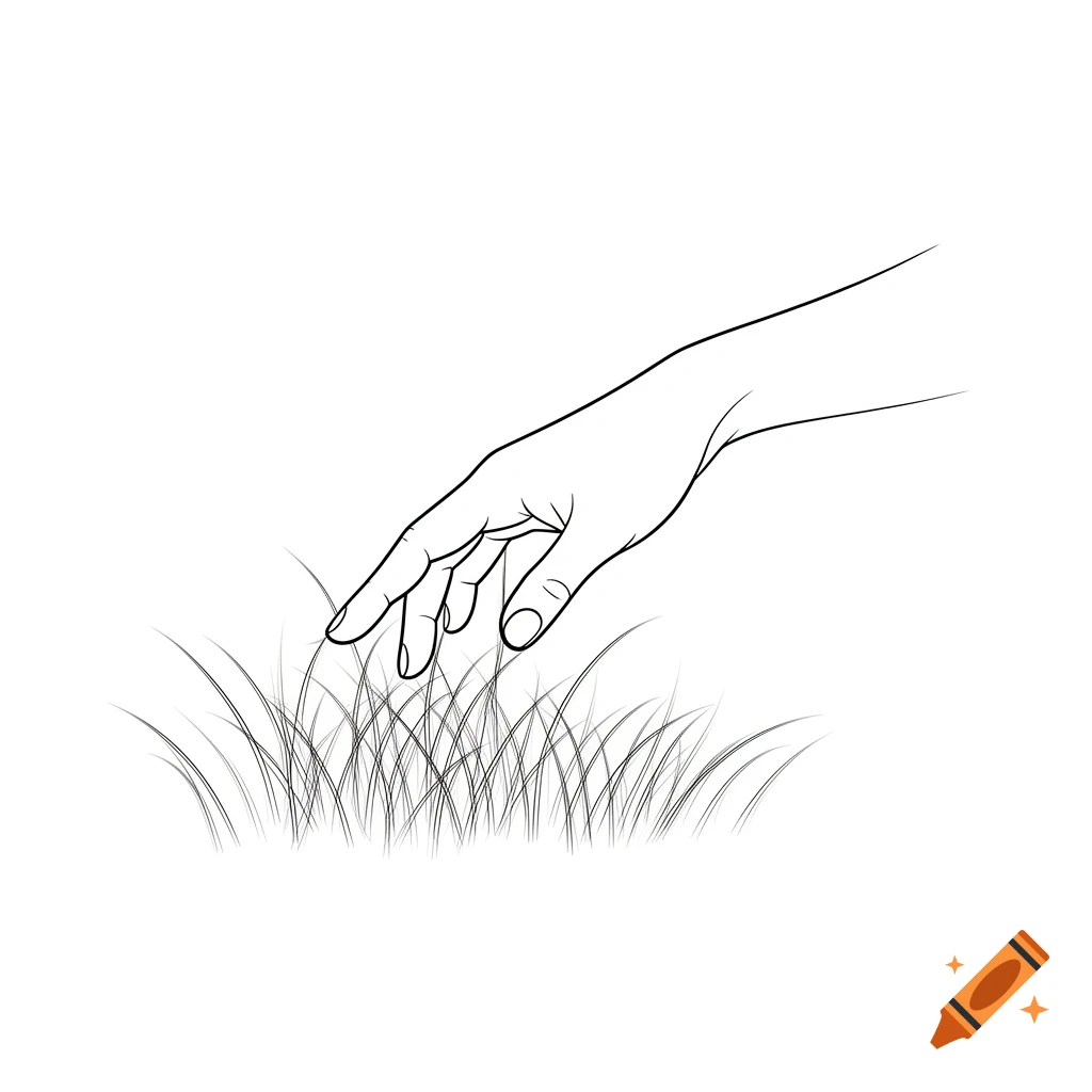 Minimalist black and white line art illustration of a hand gently touching grass.