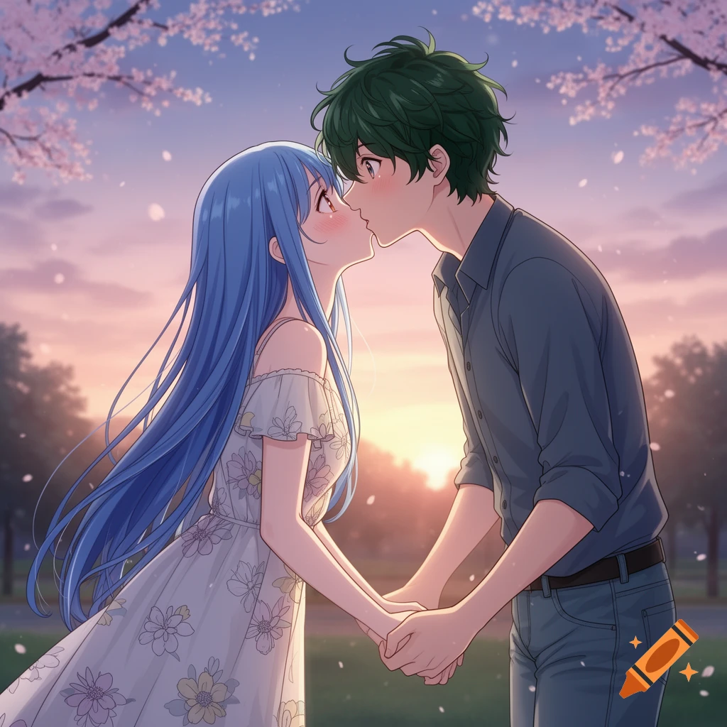 Anime boy and girl with blue hair holding hands, about to kiss under cherry blossoms at sunset.