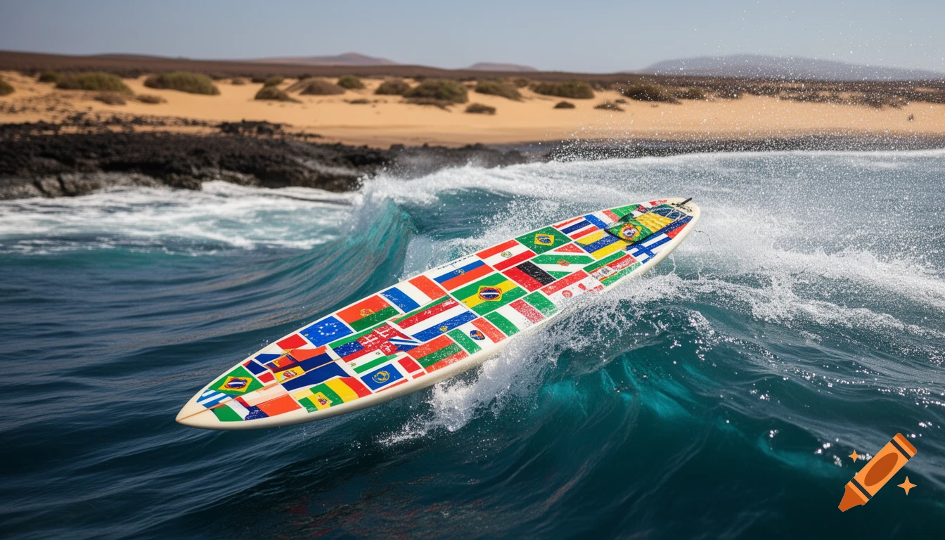 A white surfboard covered in various national flags rides a clear blue ocean wave near a sandy beach with rocky shores.