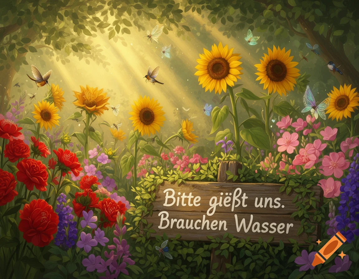 Lush garden with sunflowers, red roses, and colorful flowers under sunlight. Butterflies and birds flit around a sign reading "Bitte gießt uns. Brauchen Wasser".