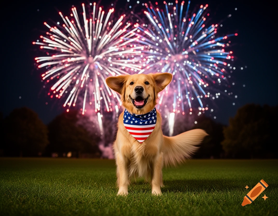 A happy golden retriever wearing an American flag bandana sits in a grassy park, with vibrant fireworks exploding in the night sky behind it.