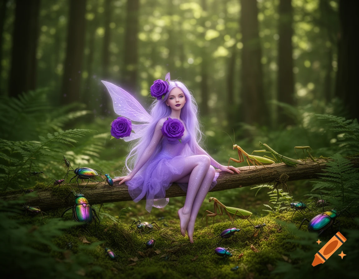 A photorealistic purple fairy with long hair and rose adornments sits on a log in a forest, surrounded by iridescent beetles and praying mantises.