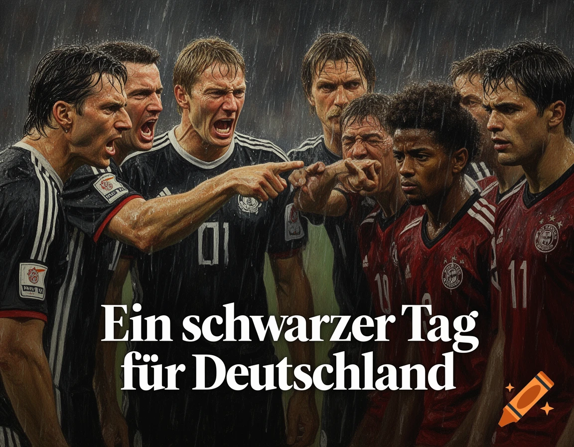 Dramatic oil painting of German football players in the rain, some yelling and pointing, others looking defeated. Text reads: Ein schwarzer Tag für Deutschland.