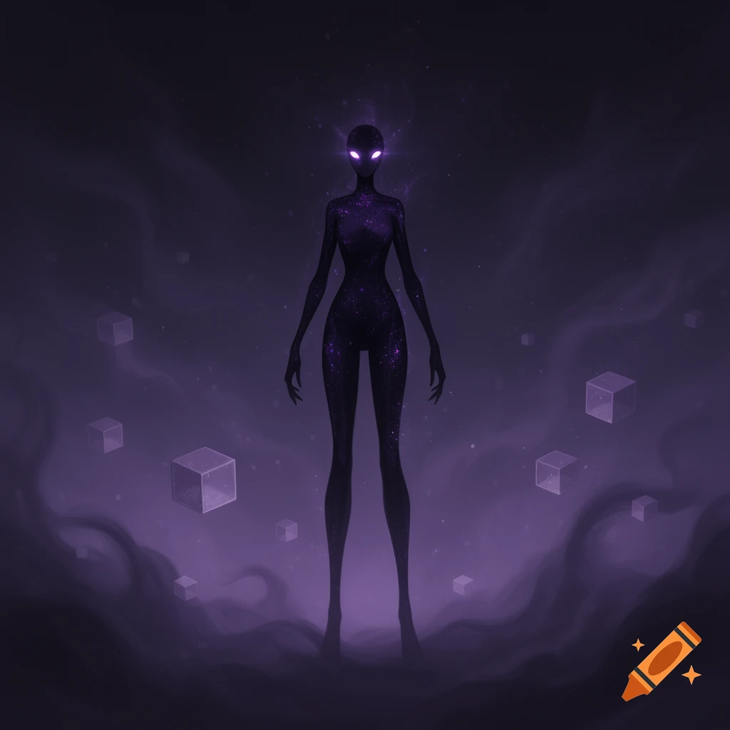 A tall, slender, dark humanoid figure with glowing purple eyes and a cosmic body stands amidst floating cubes and purple mist.