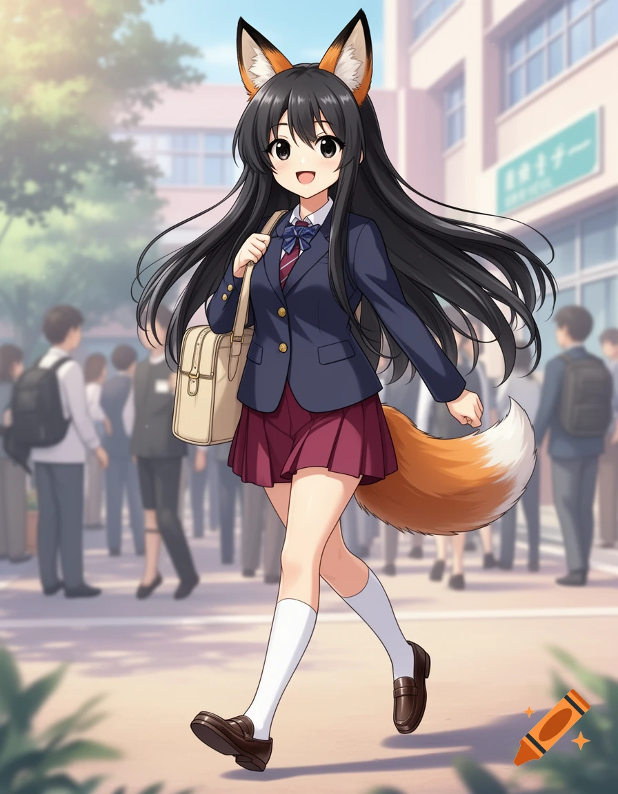 An anime-style fox girl with long black hair, fox ears, and a fox tail, wearing a school uniform, smiles while walking on campus.