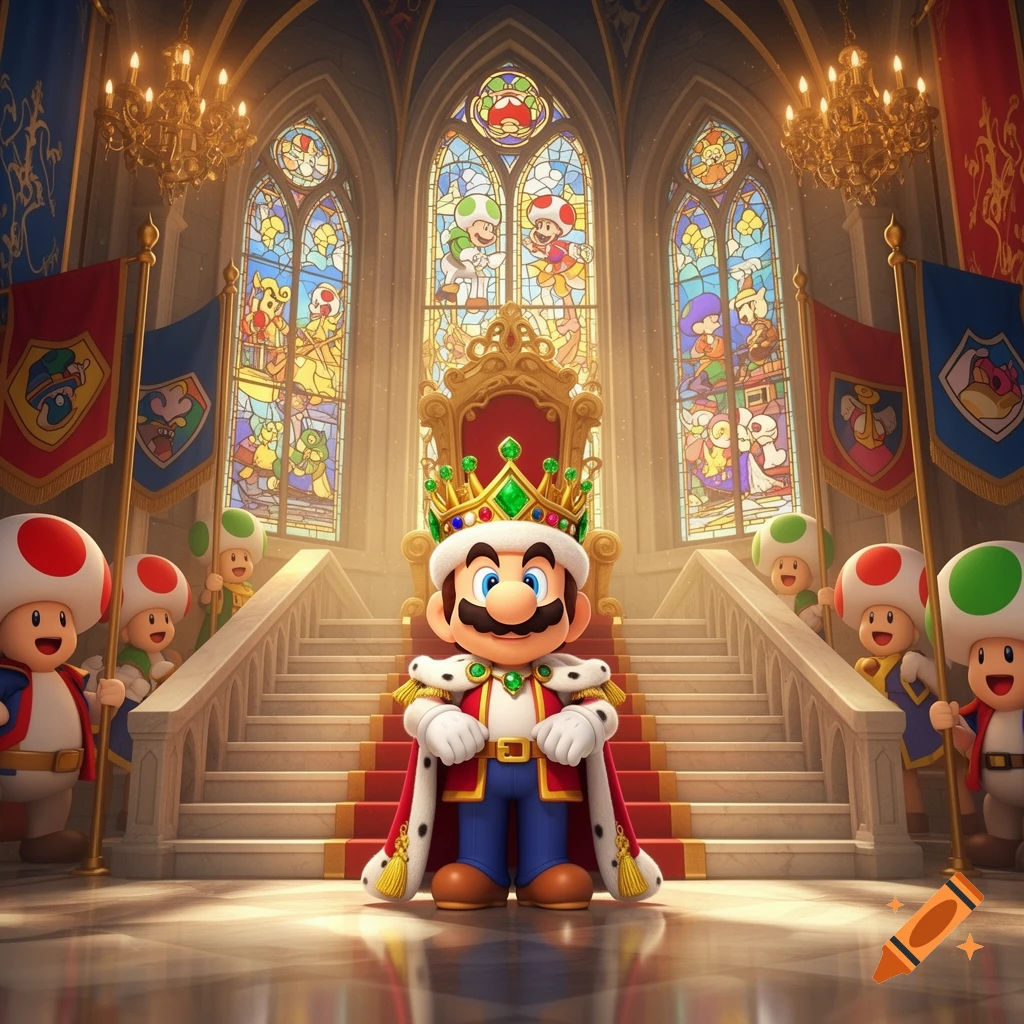 Mario, dressed as a king in a red and gold cape and crown, stands proudly in a grand throne room with stained glass windows and two Toads.