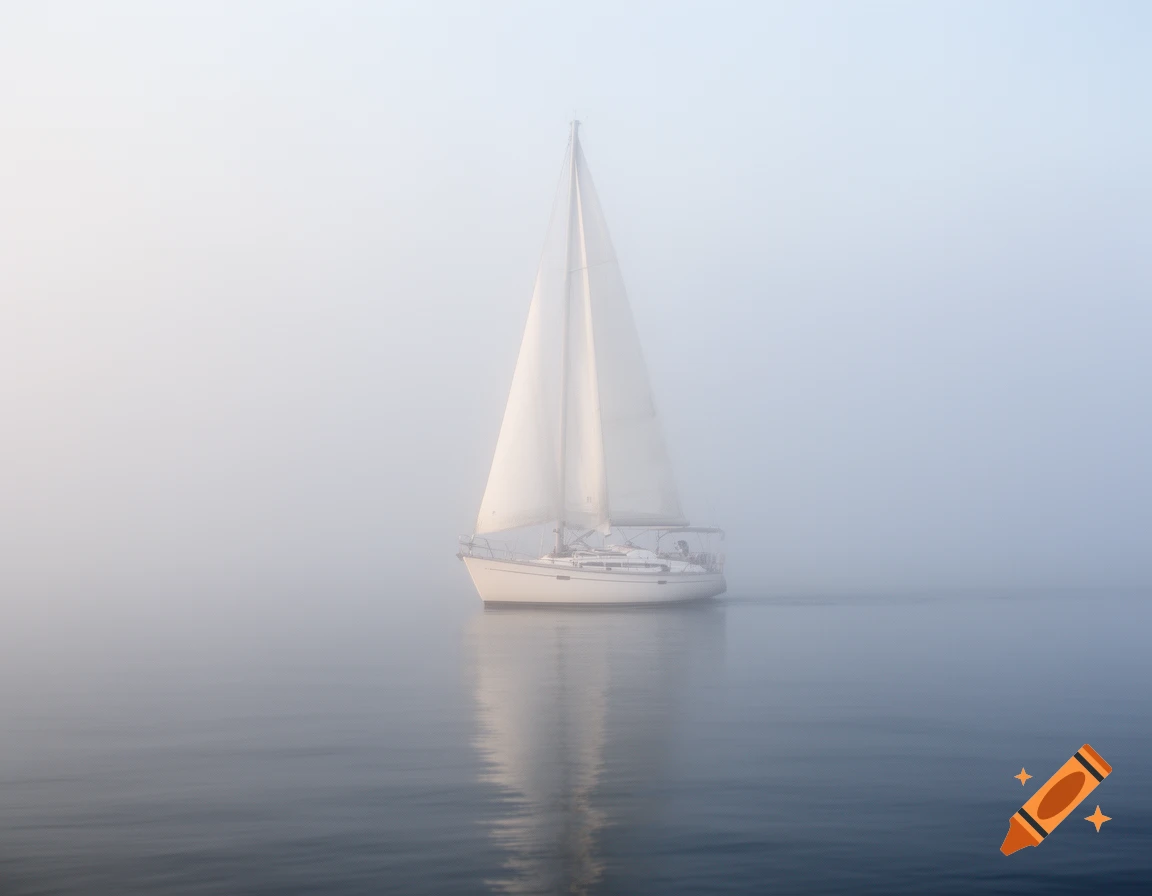 A white sailboat with its main sail up, alone on calm water, partially obscured by dense fog.