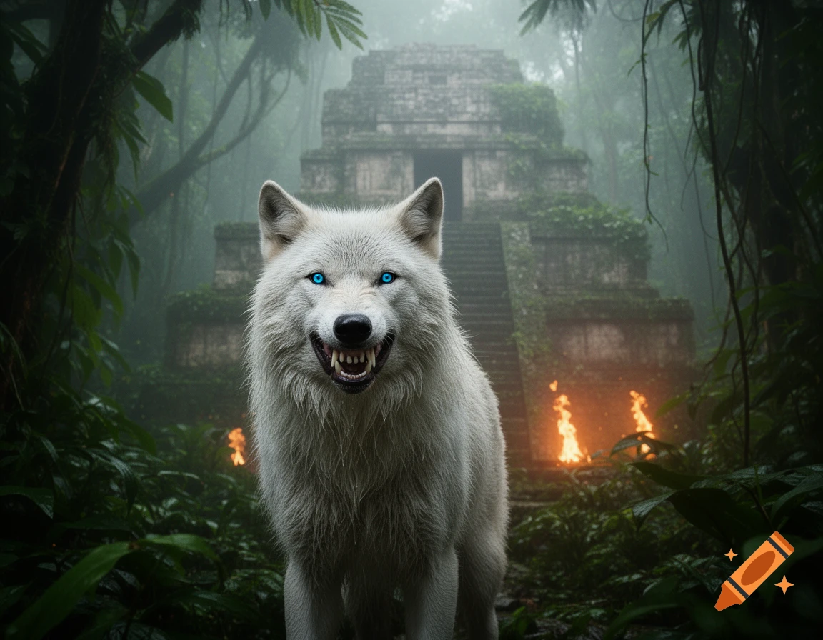 A menacing white wolf with glowing blue eyes and bared fangs in a misty jungle with an ancient temple and fires.