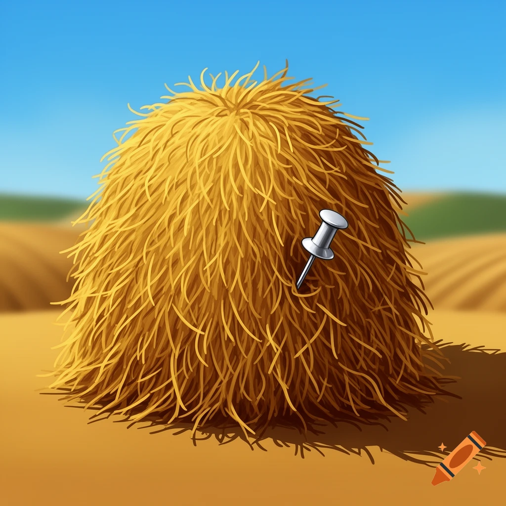 Clipart of a large haybale with a silver thumbtack, set in a field under a blue sky.